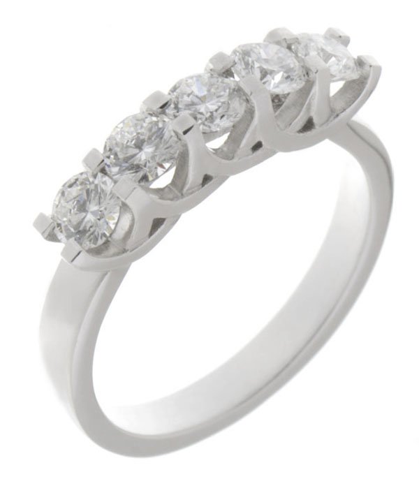 chunky contemporary style five stone round brilliant cut diamond eternity ring modern claws platinum gold