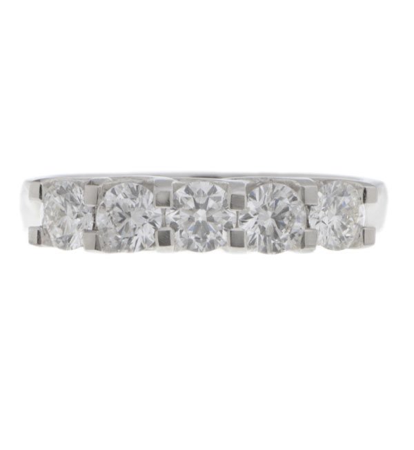 chunky contemporary style five stone round brilliant cut diamond eternity ring modern claws platinum gold