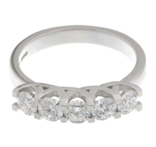 chunky contemporary style five stone round brilliant cut diamond eternity ring modern claws platinum gold