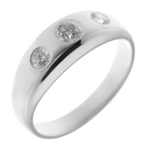gypsy style round diamond trilogy ring platinum gold