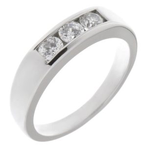 round diamond trilogy ring channel set platinum gold