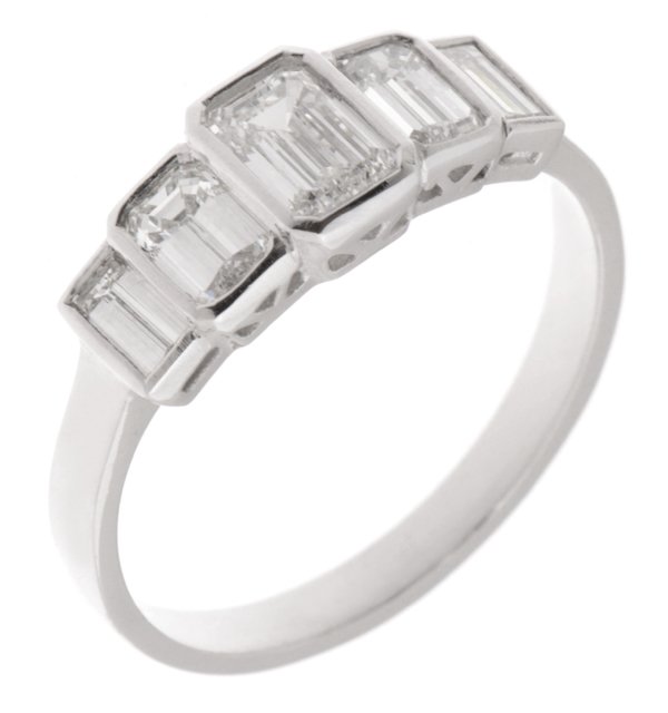 Art Deco style Emerald & Baguette Cut Diamond Five Stone Eternity Ring modern classic design platinum gold