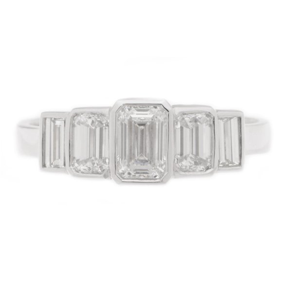 1920's art deco design five stone eternity style ring emerald cut diamond baguette cut diamonds platinum gold