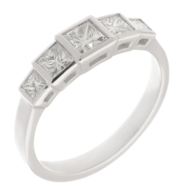 modern classic rubover set 5 five stone Art Deco Style Princess Cut diamond Graduated half eternity ring platinum gold
