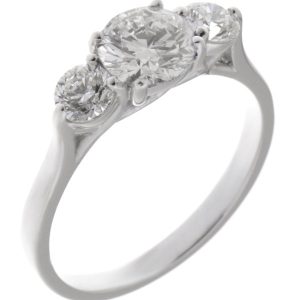 claw set round brilliant cut diamond trilogy ring kiss style under setting modern classic claw set platinum gold