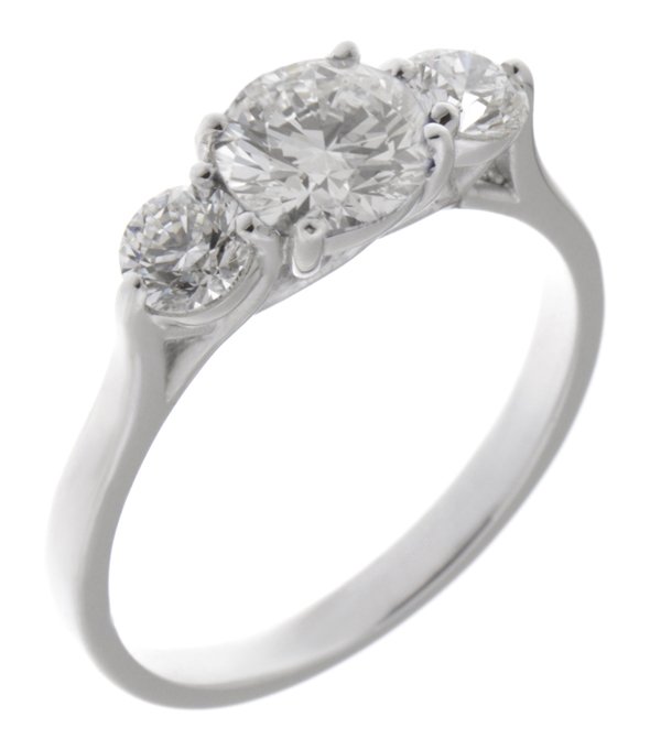 claw set round brilliant cut diamond trilogy ring kiss style under setting modern classic claw set platinum gold