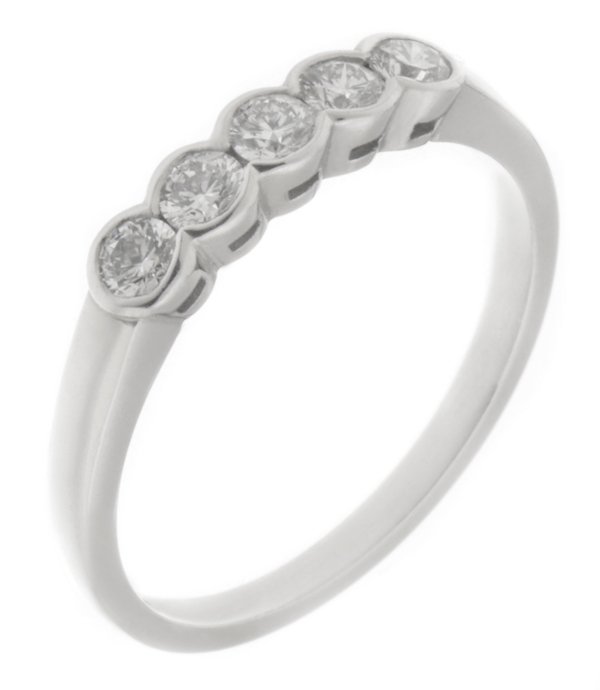 classic five stone diamond eternity style ring semi rubover rubbed over collet setting platinum gold