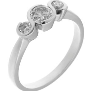 modern contemporary design rubover trilogy style ring round brilliant cut diamonds platinum gold