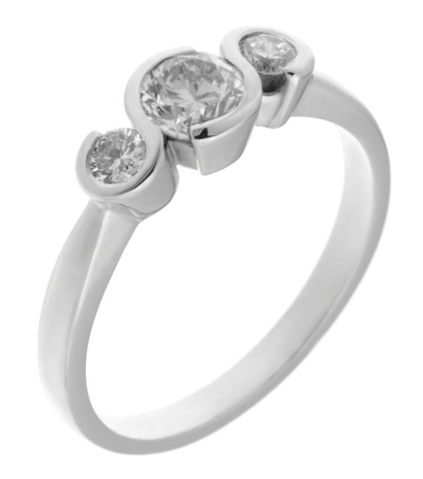 modern contemporary design rubover trilogy style ring round brilliant cut diamonds platinum gold