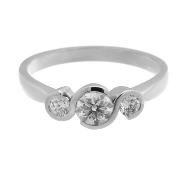 modern contemporary design rubover trilogy style ring round brilliant cut diamonds platinum gold