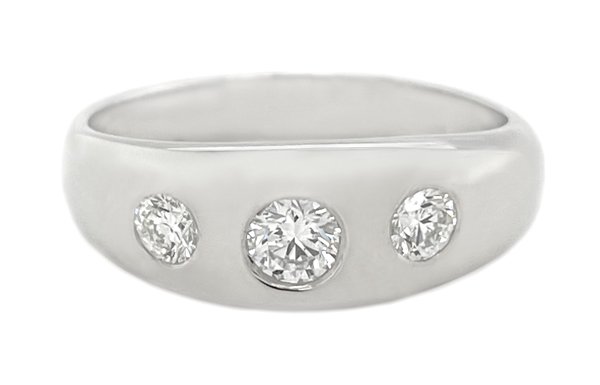 gypsy style round diamond trilogy ring platinum gold