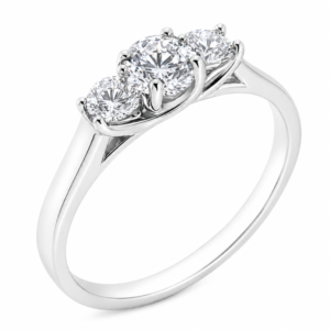 classic trilogy style ring round diamond centre stone & two round brilliant cut diamonds claw set setting gold platinum