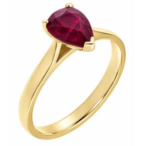 classic solitaire ring pear shape cut tear drop red ruby tapered shoulders claw setting gold platinum
