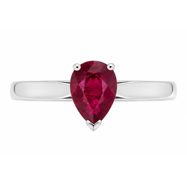 classic solitaire ring pear shape cut tear drop red ruby tapered shoulders claw setting gold platinum