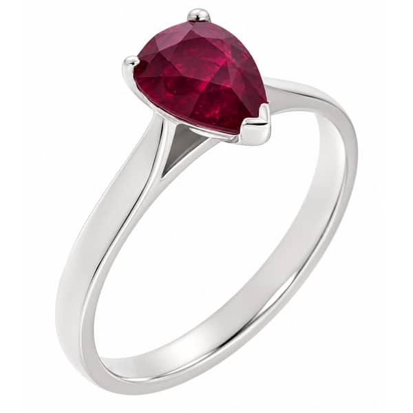 classic solitaire ring pear shape cut tear drop red ruby tapered shoulders claw setting gold platinum