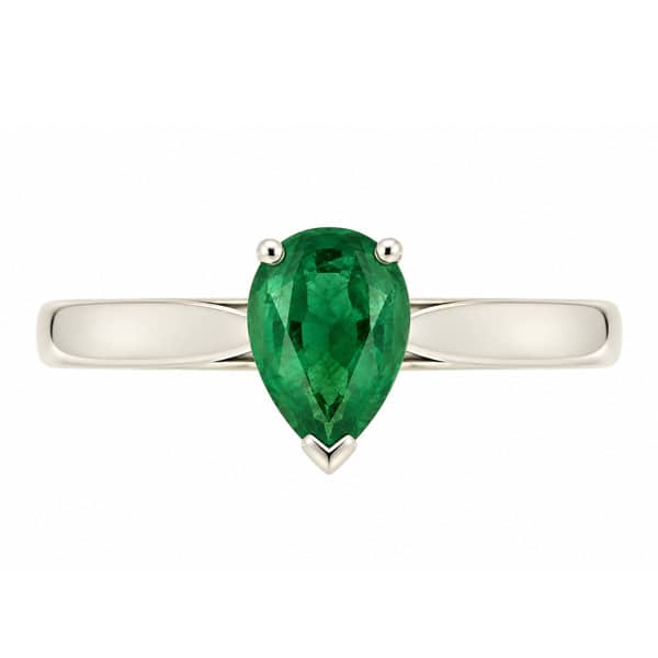 classic solitaire ring pear shape cut green Emerald tapered shoulders claw setting gold platinum
