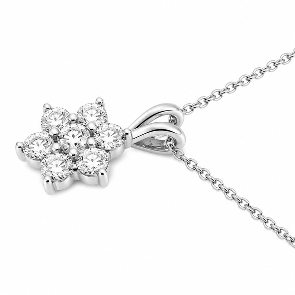 classic flower petal cluster style pendant with seven claw set round brilliant cut diamonds platinum gold
