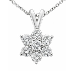 classic flower petal cluster style pendant with seven claw set round brilliant cut diamonds platinum gold
