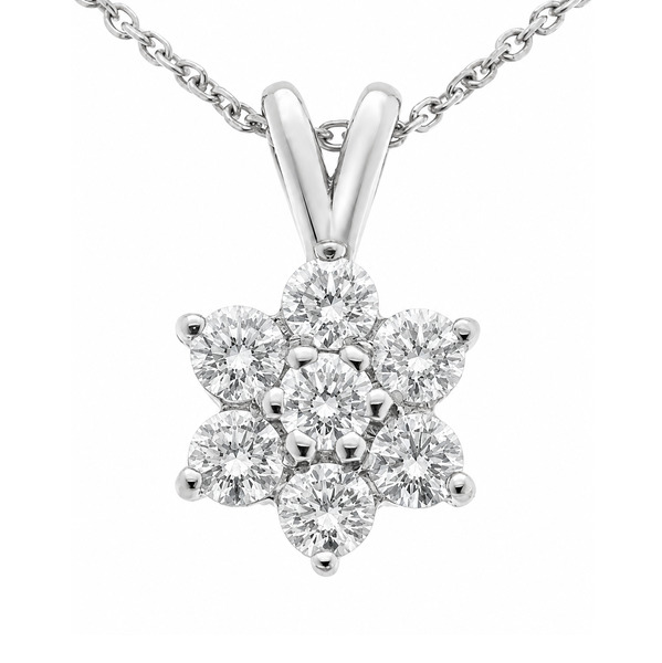 classic flower petal cluster style pendant with seven claw set round brilliant cut diamonds platinum gold