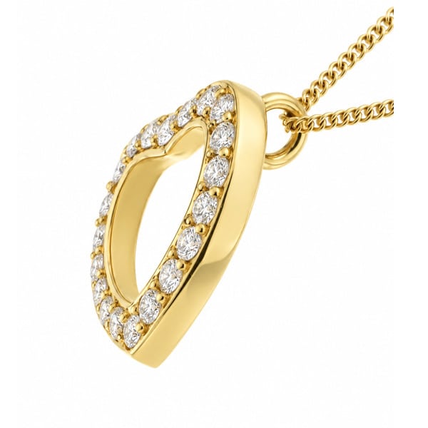 A heart shaped pendant with grain set round brilliant cut diamonds. designed to sit at an angle designer modern pendant gold platinum