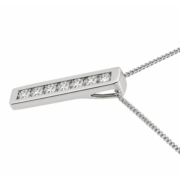 A modernist, contemporary style stick pendant with seven channel set round brilliant cut diamonds, a hidden chain loop. designer modern gold platinum chain