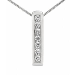 A modernist, contemporary style stick pendant with seven channel set round brilliant cut diamonds, a hidden chain loop. designer modern gold platinum chain