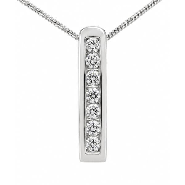 A modernist, contemporary style stick pendant with seven channel set round brilliant cut diamonds, a hidden chain loop. designer modern gold platinum chain