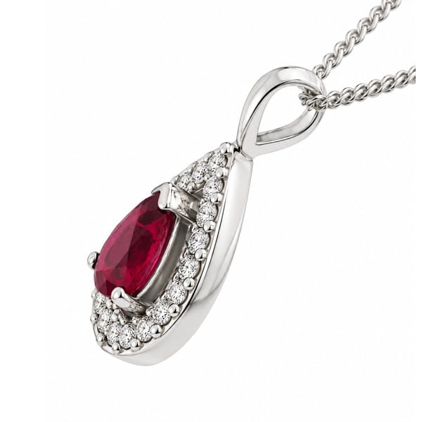 classic pear shape tear cut ruby drop pendant with a halo of round brilliant cut diamonds & single bail loop gold platinum chain