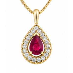 classic pear shape tear cut ruby drop pendant with a halo of round brilliant cut diamonds & single bail loop gold platinum chain