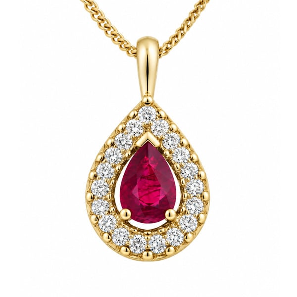 classic pear shape tear cut ruby drop pendant with a halo of round brilliant cut diamonds & single bail loop gold platinum chain