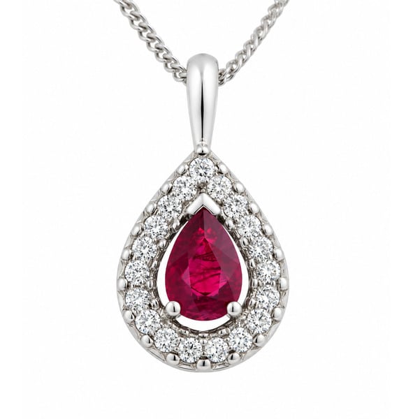 classic pear shape tear cut ruby drop pendant with a halo of round brilliant cut diamonds & single bail loop gold platinum chain