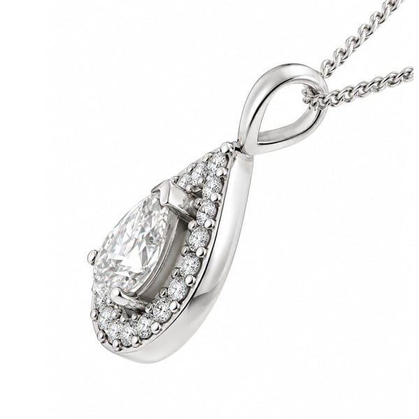 classic pear tear shape cut diamond drop pendant halo round brilliant cut diamonds & single bail loop gold platinum chain