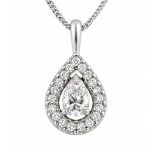 classic pear tear shape cut diamond drop pendant halo round brilliant cut diamonds & single bail loop gold platinum chain