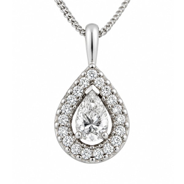 classic pear tear shape cut diamond drop pendant halo round brilliant cut diamonds & single bail loop gold platinum chain