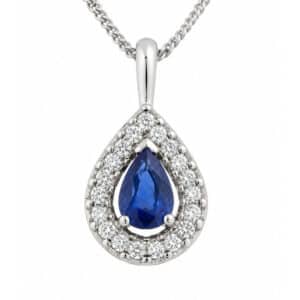 classic pear tear shape cut blue sapphire drop pendant halo round brilliant cut diamonds single bail loop gold platinum chain