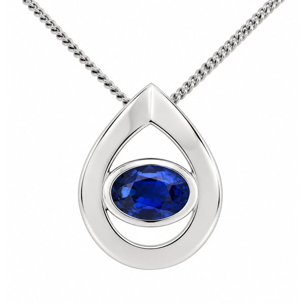 A modernist pear shape tear drop pendant with an oval blue sapphire centre stone in rubover setting. designer modern gold platinum chain