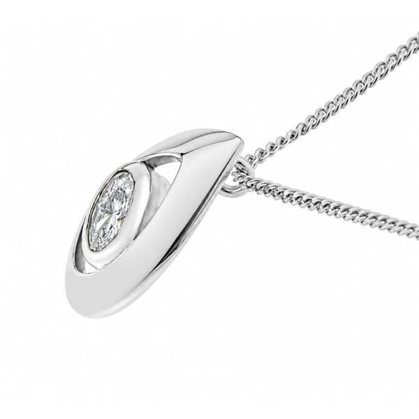 A modernist style pear shape tear drop pendant with an oval cut diamond centre stone in rubover setting designer modern gold platinum chain