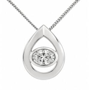 A modernist style pear shape tear drop pendant with an oval cut diamond centre stone in rubover setting designer modern gold platinum chain