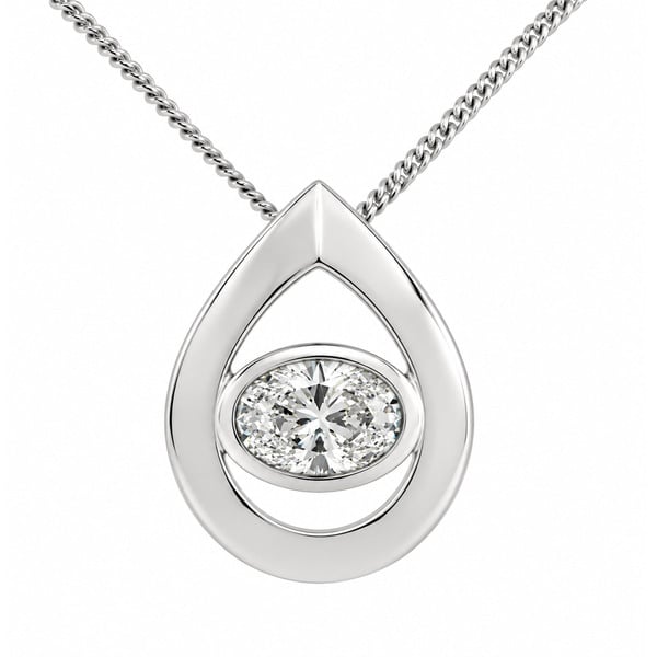 A modernist style pear shape tear drop pendant with an oval cut diamond centre stone in rubover setting designer modern gold platinum chain