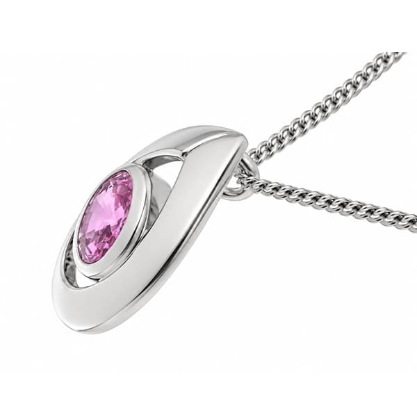 A modernist pear shape tear drop pendant with an oval pink sapphire centre stone in rubover setting designer modern gold platinum chain