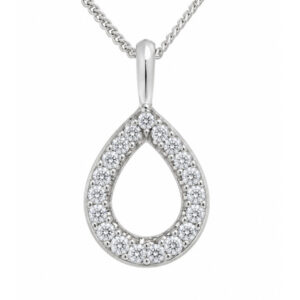A classic drop pendant with a halo of grain set round brilliant cut diamonds and a single bail loop. designer modern gold platinum chain