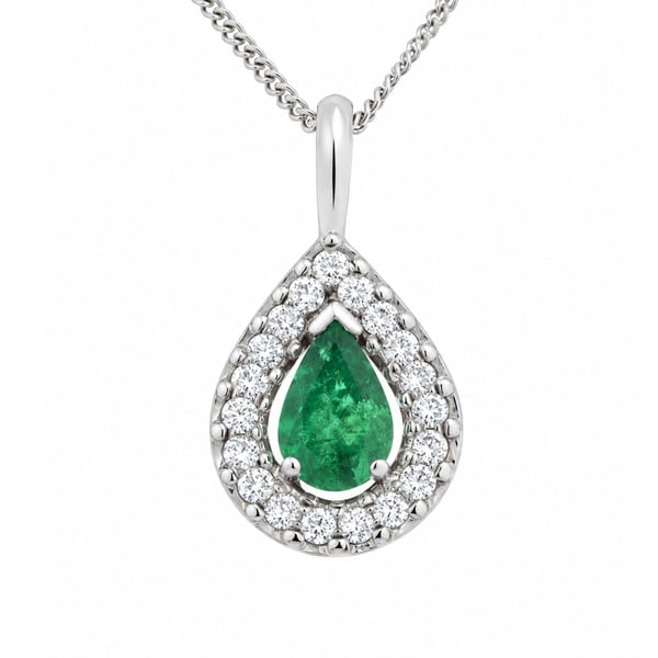 classic pear shape cut green emerald drop pendant halo round brilliant cut diamonds single bail loop gold platinum chain