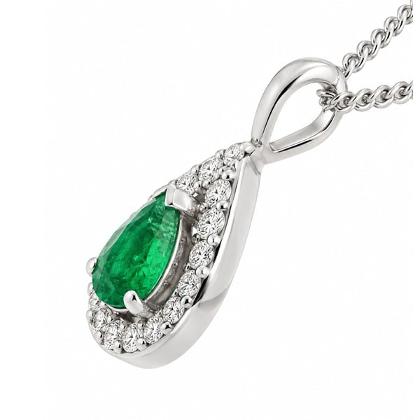 classic pear shape cut green emerald drop pendant halo round brilliant cut diamonds single bail loop gold platinum chain