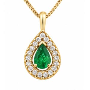 classic pear shape cut green emerald drop pendant halo round brilliant cut diamonds single bail loop gold platinum chain