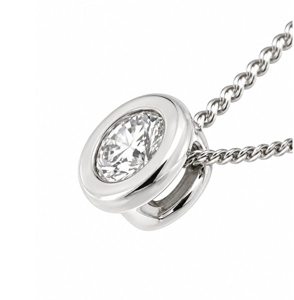 floating style rubover set modern solitaire pendant round cut lab grown diamond chain feeds gold platinum