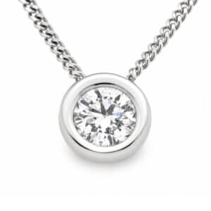 floating style rubover set modern solitaire pendant round cut lab grown diamond chain feeds gold platinum