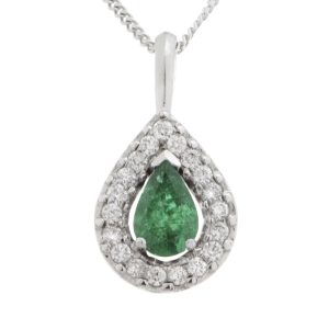 A classic pear shape cut green emerald drop pendant with a halo of round brilliant cut diamonds & single bail loop gold platinum chain