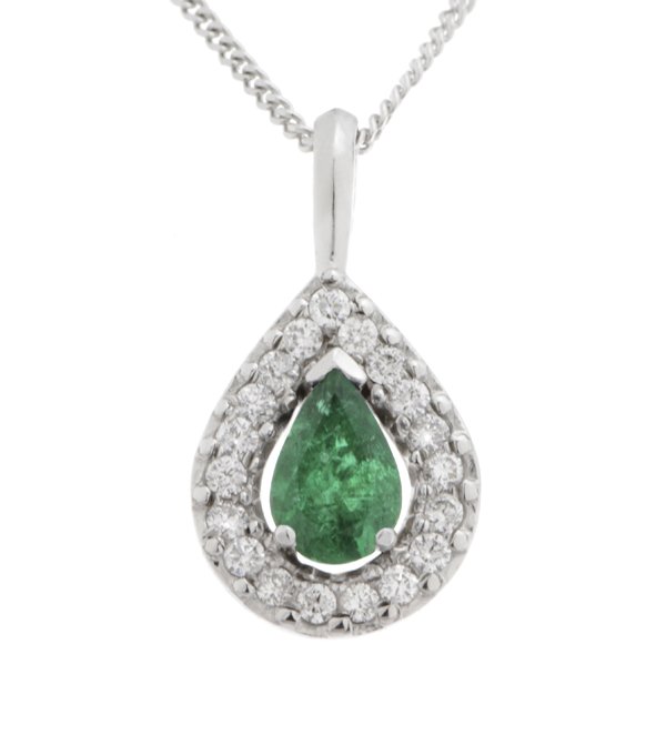A classic pear shape cut green emerald drop pendant with a halo of round brilliant cut diamonds & single bail loop gold platinum chain