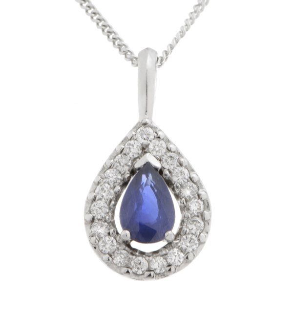 A classic pear shape cut blue sapphire drop pendant with a halo of round brilliant cut diamonds & single bail loop gold platinum chain