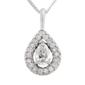 A classic pear shape cut diamond drop pendant with a halo of round brilliant cut diamonds & single bail loop gold platinum chain